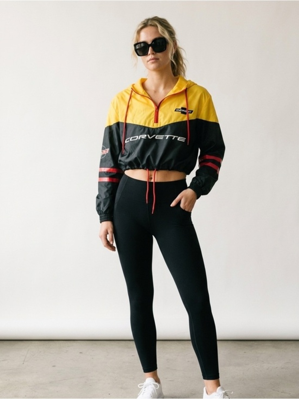 GM Chevrolet Corvette Women's Cropped Windbreaker Hoodie Jacket. XS yellow